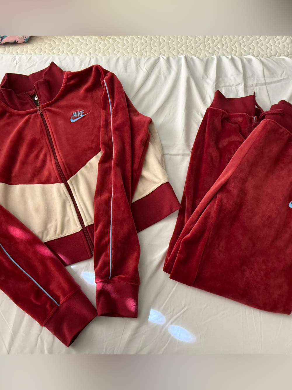 Nike Women’s Red and Cream Velour Bomber Jacket Set